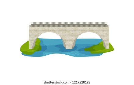 Flat vector design of brick bridge. Large arch footbridge. Walkway across the river. Construction for transportation