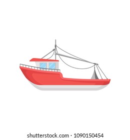 Flat vector design of bright red fishing boat. Big marine vessel. Element for infographic or mobile game