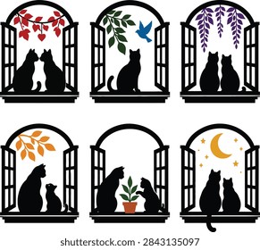  A flat vector design bundle featuring six distinct open arched window scenes with black cat silhouettes in various configurations. The collection includes two cats nose-to-nose under red leaves, a single cat watching a blue bird under green leaves,
