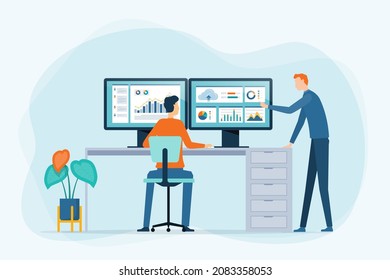 Flat vector design business marketing Data analysis concept with people team working on monitor graph report dashboard and business finance investment in stock market concept