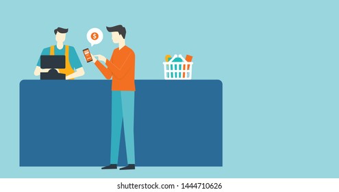 flat vector design business people use mobile payment with cashier concept