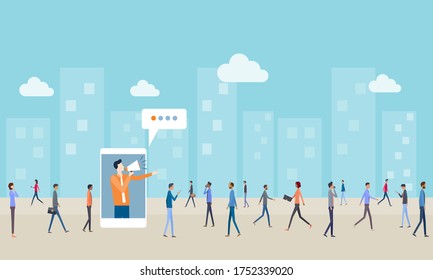 Flat vector design business people use mobile for online marketing and business promote for customer target concept with people walking on City streets