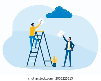 flat vector design business technology cloud computing service concept and with developer and business team working concept