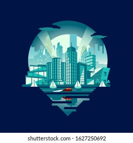 Flat vector design of a bustling city at night. Features a teal-toned skyscraper skyline illuminated by spotlights and a full moon, with a car driving along a waterfront road and sailboats in the harbor, all contained within a circular emblem style.