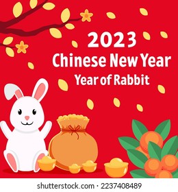 flat vector design Chinese new year 2023 year of the rabbit with tree and fruit