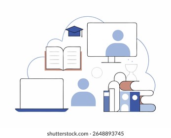 Flat vector design of cloud-based education interface with books, devices, graduation cap, and students. Great for smart learning systems.