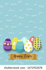 a flat vector design of colorful Easter Eggs, greeting 'Happy Easter" on a golden ribbon with seamless flower background pattern