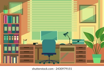 Flat Vector Design of Colorful Workplace Landscape in the Office with Modern Interior Style