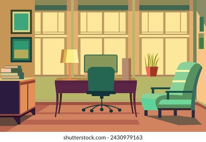 Flat Vector Design of Colorful Workspace Landscape with Modern Furniture