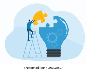 el concepto de diseño de vector plano, el pensamiento empresarial y la creatividad. Empresario que trabaja con la pieza de rompecabezas del rompecabezas con bombilla 