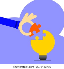 flat vector design concept business thinking and creativity. Hand hold puzzle jigsaw piece with light bulb