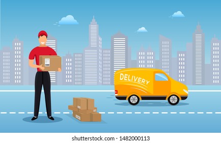 Flat vector design concept of cargo delivery service, courier man in red uniform holding parcel box and standing in front of a van on city skyline background.