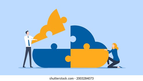 flat vector design concept of cloud computing jigsaw puzzle with business team collaborative working concept
