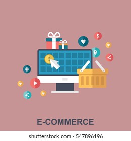 Flat Vector Design Concept With E-commerce and Shopping Icons