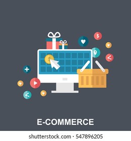 Flat Vector Design Concept With E-commerce and Shopping Icons