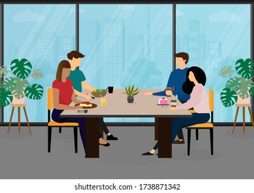 A flat vector design concept of a group of employee having lunch in the office canteen. Company's canteen in the city center illustration.