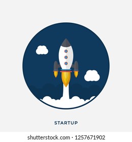 Flat Vector Design Concept of a New Business Project Start Up Development and Launch. Rocket Ship Flying. Startup Idea. Business Idea. Modern Vector Icons in Round Shape