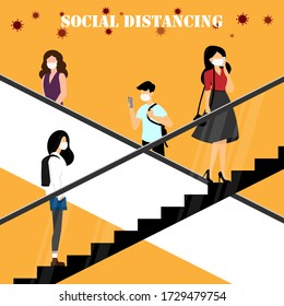 A flat vector design concept of Social Distancing on the escalator during Coronavirus (Covid-19) pandemic. People keep distance on the escalator square composition illustration.