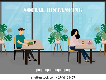 A Flat Vector Design Concept Of Social Distancing During Coronavirus (Covid-19) Outbreak In The Office Canteen. Poeple Maintain Social Distancing While Having Lunch In Cafeteria Illustration.