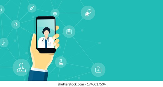 flat vector design consult with doctor on mobile and   online medical concept