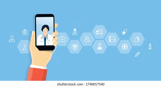 flat vector design consult with doctor on mobile and   online medical concept