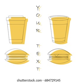 Flat vector design with cups of tea, coffee and sandwiches. Place for your text