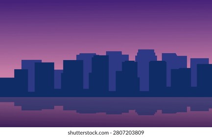  A flat vector design depicting a blocky urban city skyline silhouette against a vibrant gradient background of deep violet, magenta, and soft pink. The dark blue structures are perfectly mirrored in a stylized geometric reflection on the water below under a clear evening sky.