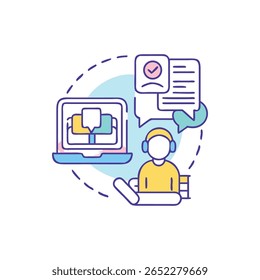 Um design vetorial plano que descreve o suporte ao cliente com um notebook, bate-papos e elementos de comunicação em um fundo branco.