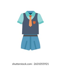 Flat vector design displaying a school uniform; includes shirt, tie, vest, and skirt in cool tones.
