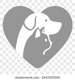  Flat vector design of a dog and cat inside a heart shape pet care. The grayscale design with transparent background is ideal for use in veterinary clinics, and pet-related branding
