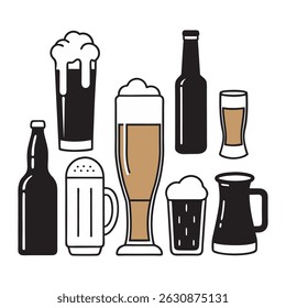 Flat vector design of drink and barware icons including pint glass and bottle