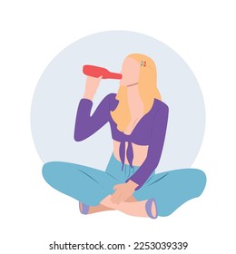 Flat vector design drinking girl. Vector cartoon character