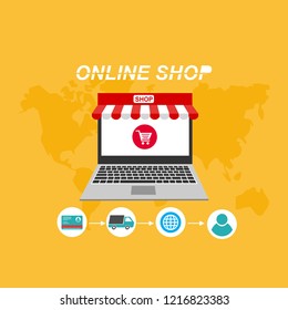 Flat vector design with e-commerce and online shopping icons and elements for mobile story. Symbols of shop, online payment, customer service and delivery