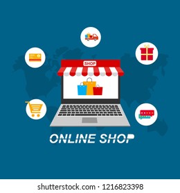 Flat vector design with e-commerce and online shopping icons and elements for mobile story. Symbols of shop, online payment, customer service and delivery