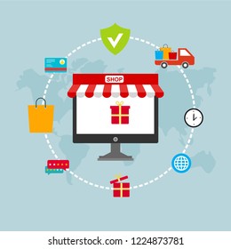 Flat vector design with e-commerce and online shopping icons and elements for mobile story. Symbols of shop, online payment, customer service and delivery