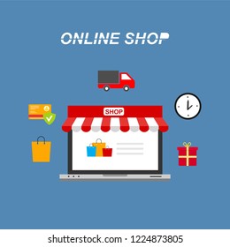 Flat vector design with e-commerce and online shopping icons and elements for mobile story. Symbols of shop, online payment, customer service and delivery