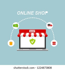 Flat vector design with e-commerce and online shopping icons and elements for mobile story. Symbols of shop, online payment, customer service and delivery