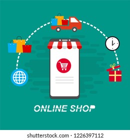 Flat vector design with e-commerce and online shopping icons and elements for mobile story. Symbols of shop, online payment, customer service and delivery