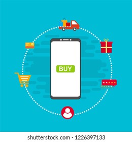 Flat vector design with e-commerce and online shopping icons and elements for mobile story. Symbols of shop, online payment, customer service and delivery