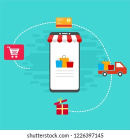 Flat vector design with e-commerce and online shopping icons and elements for mobile story. Symbols of shop, online payment, customer service and delivery