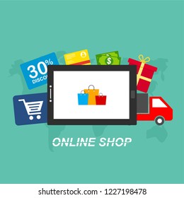 Flat vector design with e-commerce and online shopping icons and elements for mobile story. Symbols of shop, online payment, customer service and delivery