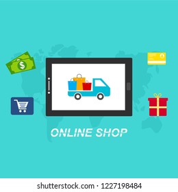 Flat vector design with e-commerce and online shopping icons and elements for mobile story. Symbols of shop, online payment, customer service and delivery