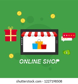 Flat vector design with e-commerce and online shopping icons and elements for mobile story. Symbols of shop, online payment, customer service and delivery