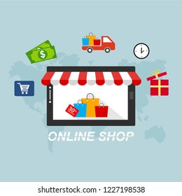 Flat vector design with e-commerce and online shopping icons and elements for mobile story. Symbols of shop, online payment, customer service and delivery