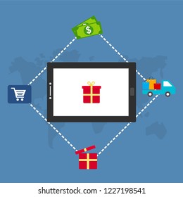 Flat vector design with e-commerce and online shopping icons and elements for mobile story. Symbols of shop, online payment, customer service and delivery