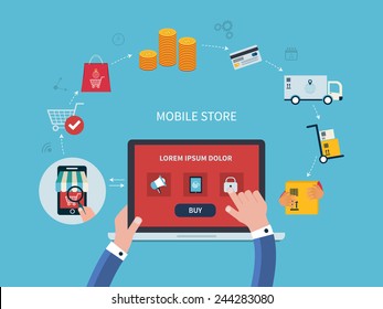 Flat vector design with e-commerce and online shopping icons and elements for mobile story. Symbols of shop, online payment, customer service and delivery