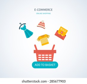 Flat vector design with e-commerce and online shopping icons and elements for mobile story. Symbols of online shop, online payment, customer service and delivery