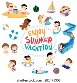 Flat vector design element and children for summer season.
kids playing on the beach and swimming in the pool.
Lettering Enjoy summer. 