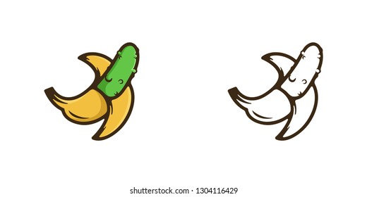 Flat vector design element. Concept logo: Cucumber in banana peel. Coloring book page