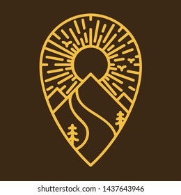 Flat vector design element. Concept logo: Line Art Icon of navigation with the image of the rising sun over the mountains with river and fir trees
